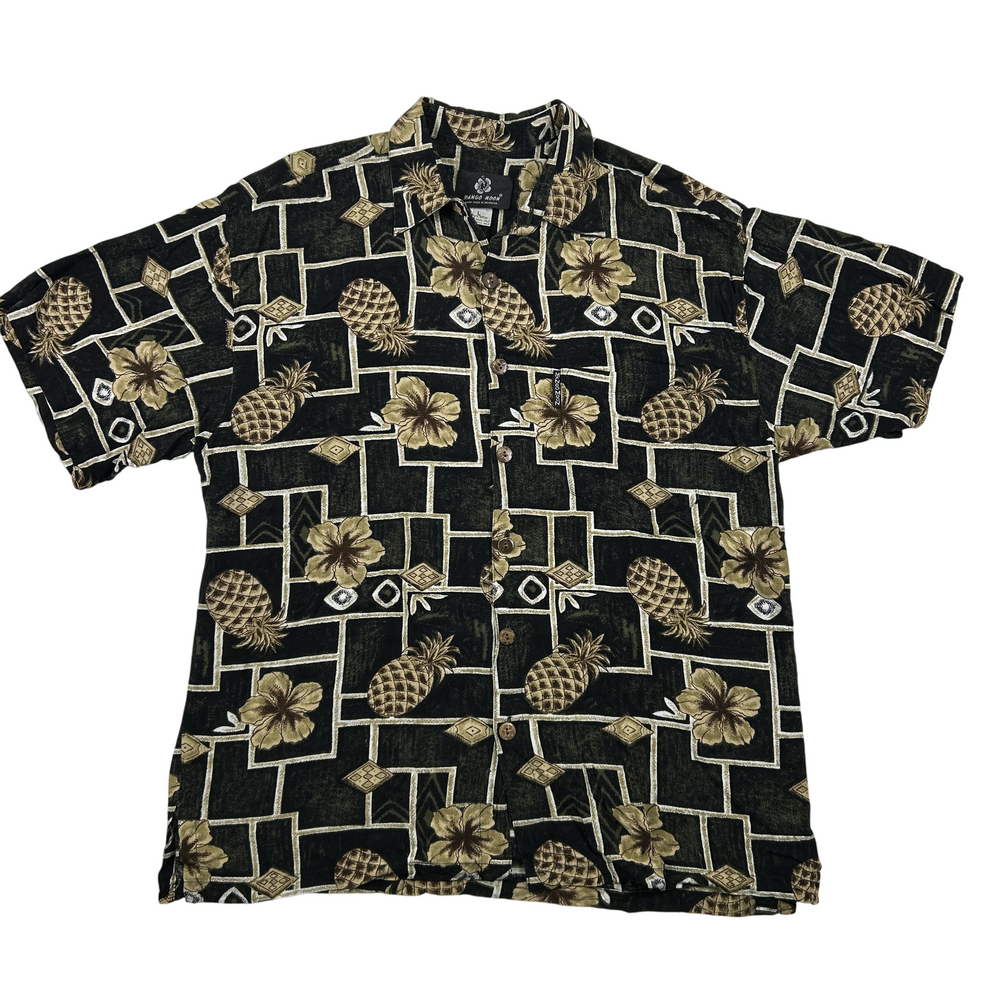 Mango Moon Hawaiian Shirt Mens Large Pineapple Floral Black Rayon Button Up